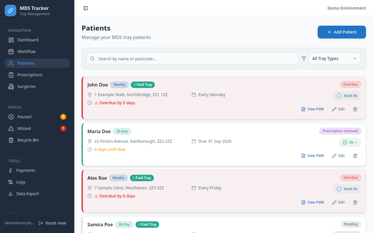Pharmacy Tray Manager interface screenshot
