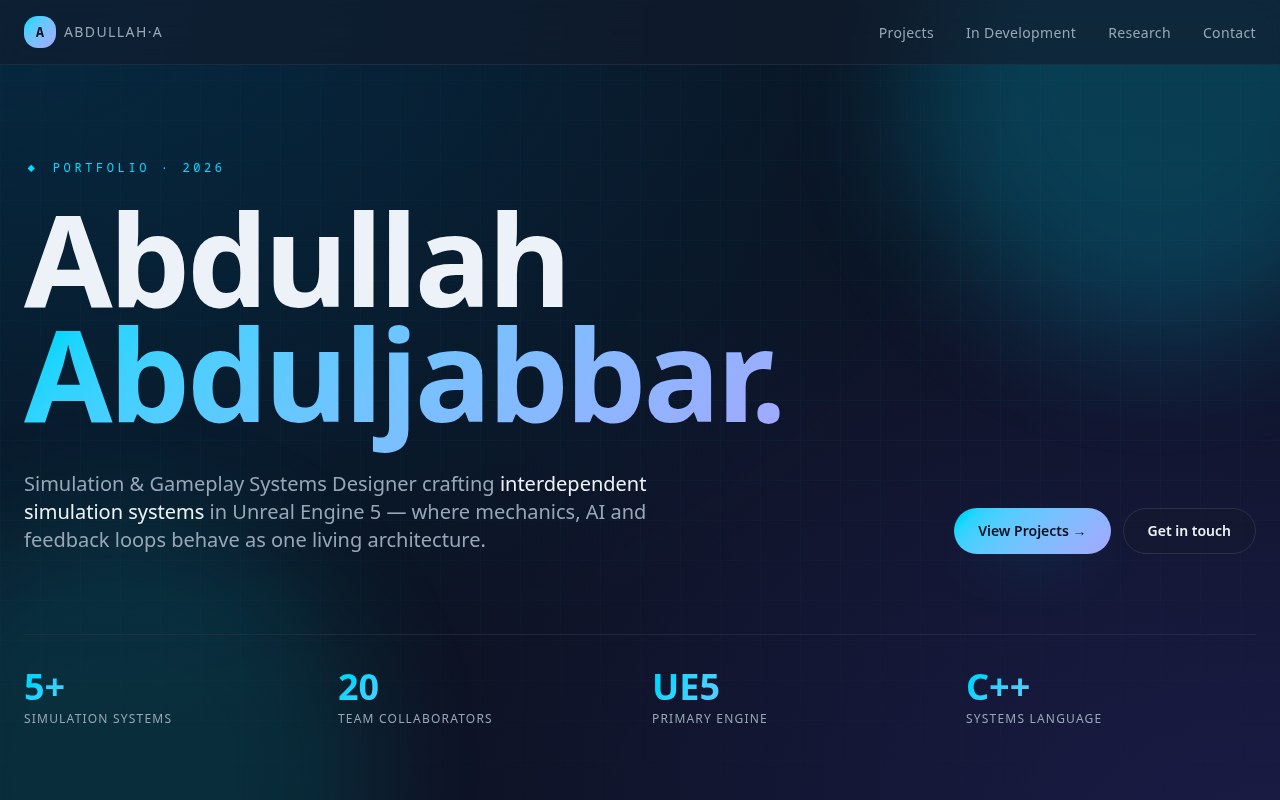 Abdullah Abduljabbar portfolio homepage with dark theme and gradient headline