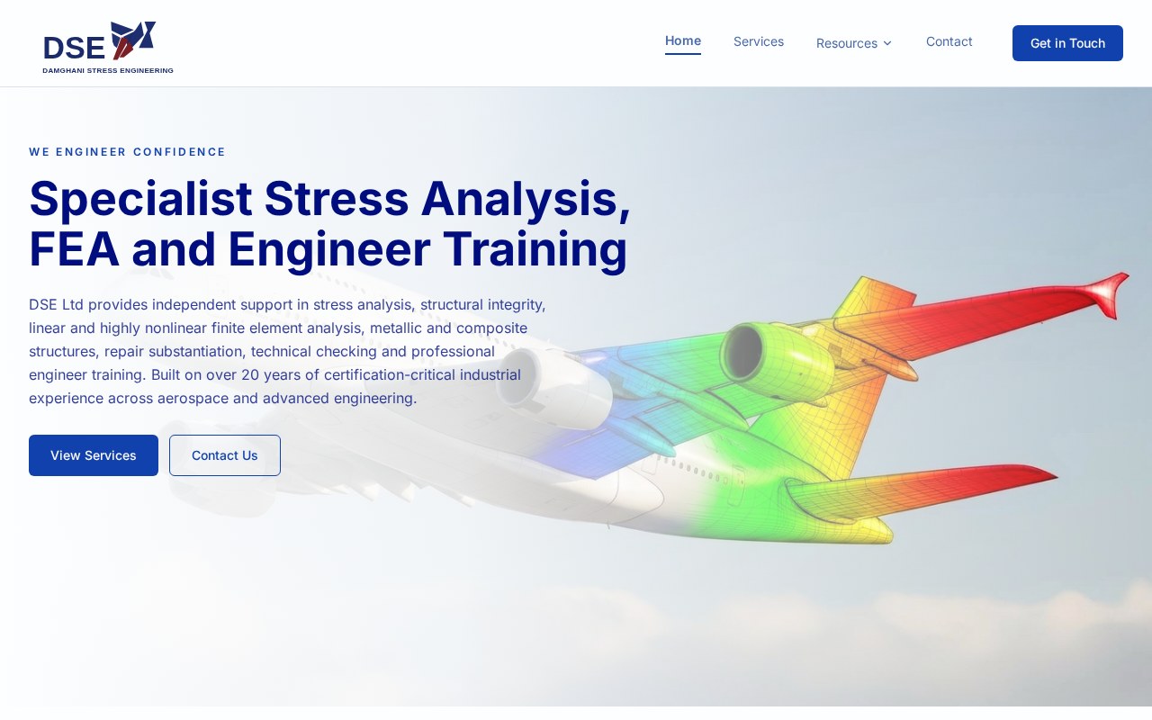 DSE Engineering website homepage with aerospace stress analysis hero